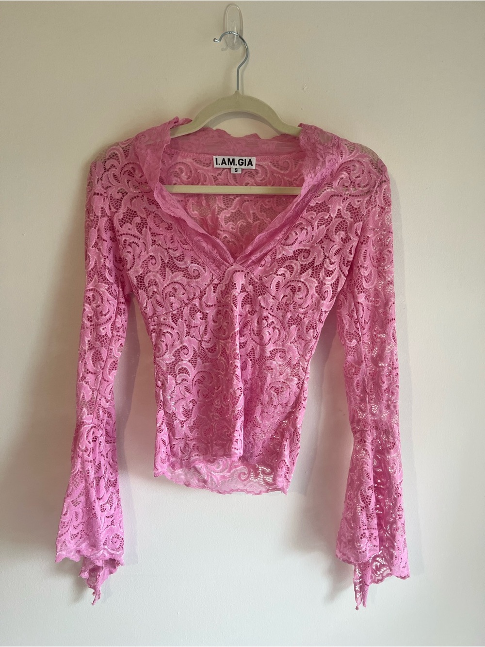 I.AM.GIA Pink Lace Long Sleeve V Neck Top